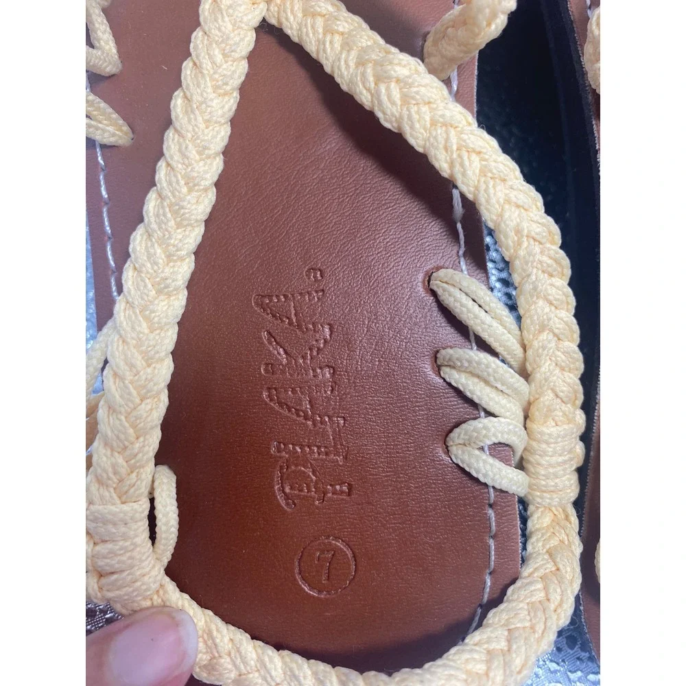Plaka Palm Leaf Flat Sandals Cream Yellow Braided Rope Strappy Boho Womens 7